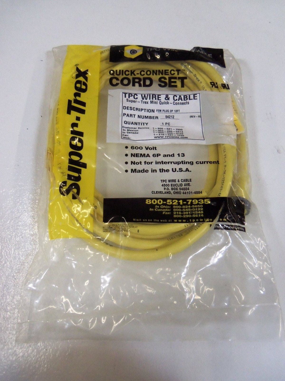 TPC WIRE & CABLE FEMALE PLUG 2P 12FT 84212 REV. H *NEW FACTORY BAG*