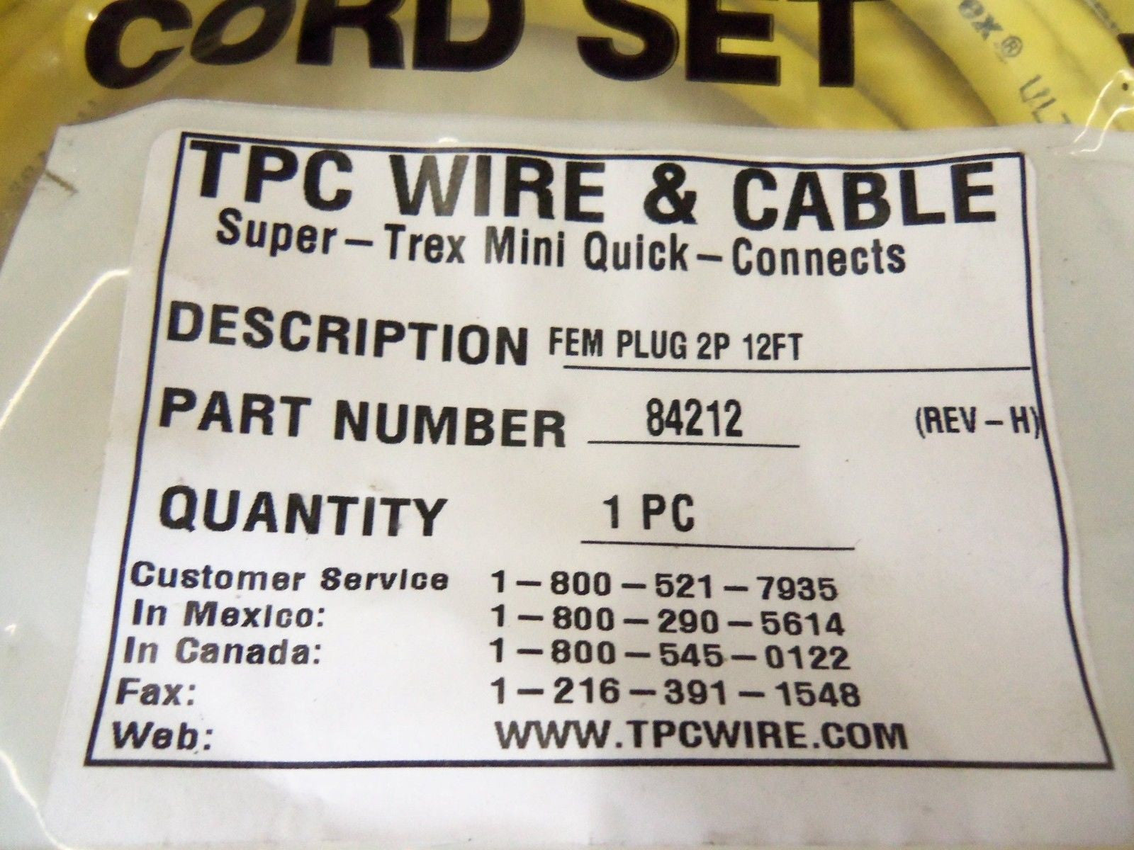 TPC WIRE & CABLE FEMALE PLUG 2P 12FT 84212 REV. H *NEW FACTORY BAG*