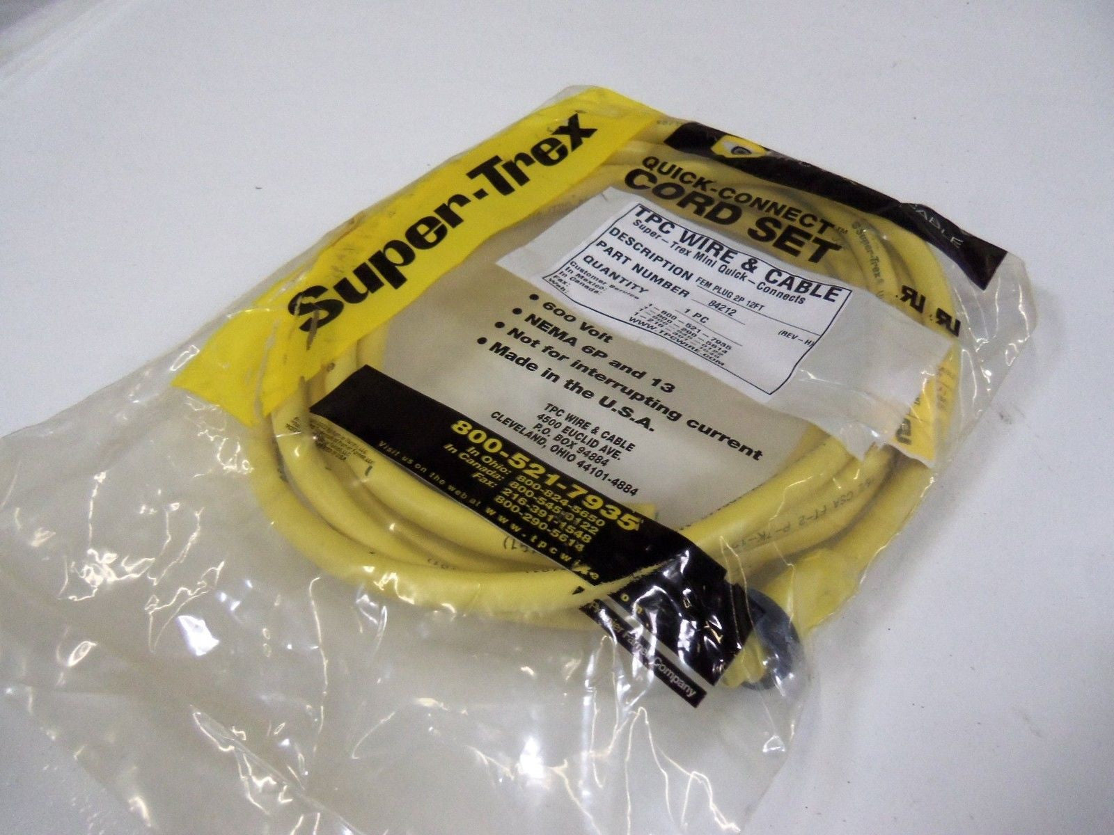 TPC WIRE & CABLE FEMALE PLUG 2P 12FT 84212 REV. H *NEW FACTORY BAG*