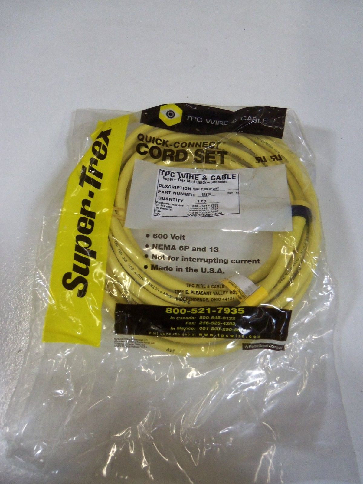 TPC WIRE & CABLE MALE PLUG 3P 20FT 84820 *NEW IN FACTORY BAG*