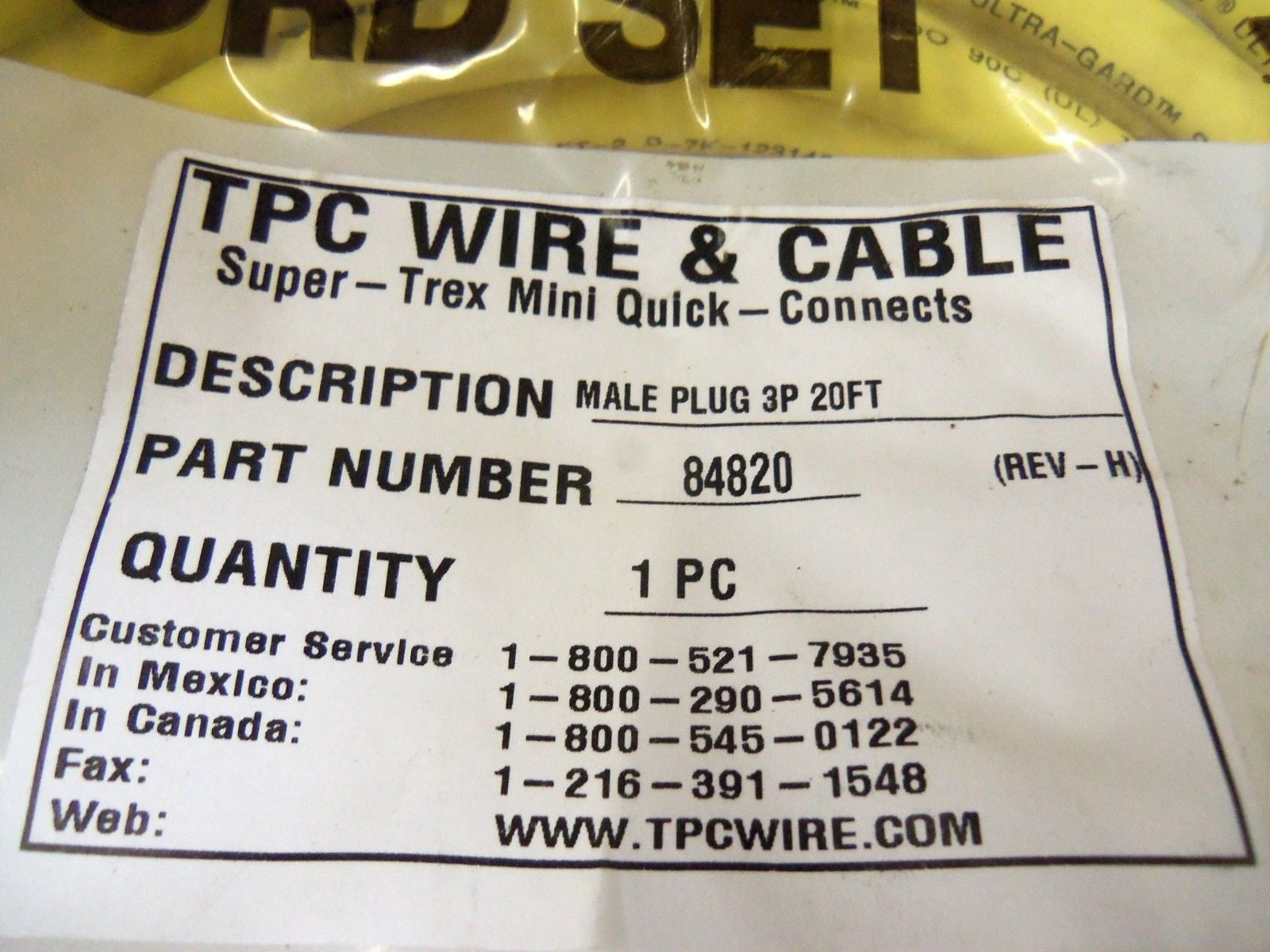 TPC WIRE & CABLE MALE PLUG 3P 20FT 84820 *NEW IN FACTORY BAG*