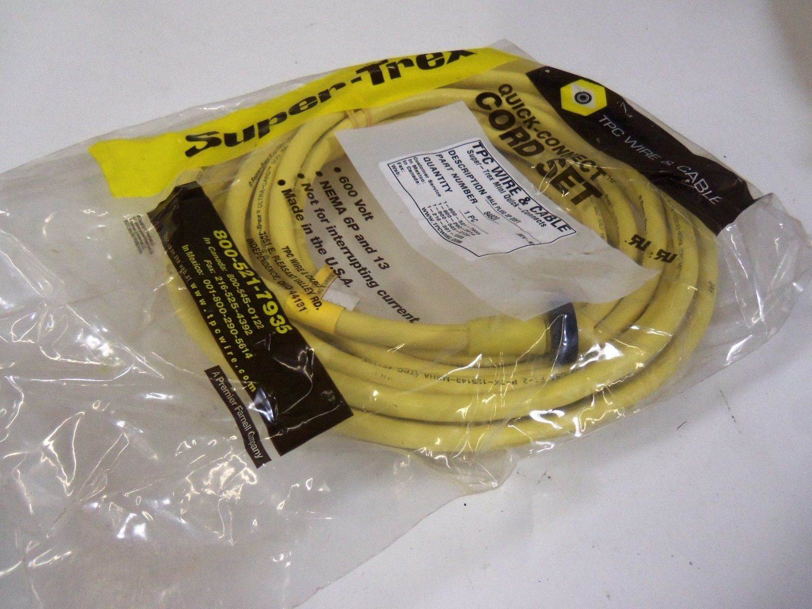 TPC WIRE & CABLE MALE PLUG 3P 20FT 84820 *NEW IN FACTORY BAG*