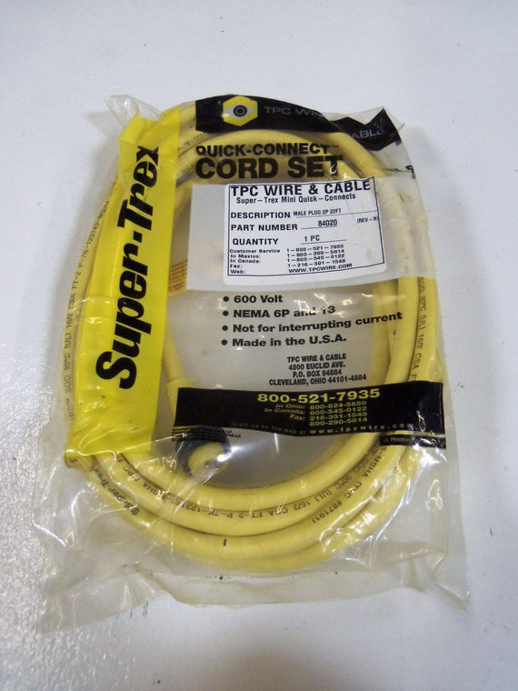 TPC WIRE & CABLE MALE PLUG 2P 20FT 84020 *NEW IN FACTORY BAG*