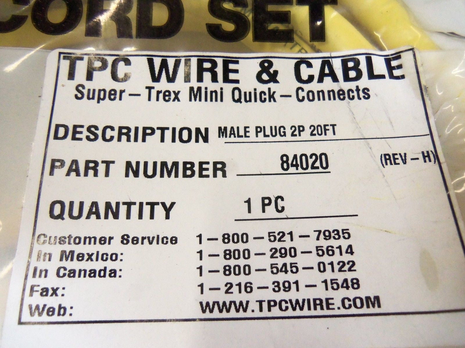 TPC WIRE & CABLE MALE PLUG 2P 20FT 84020 *NEW IN FACTORY BAG*