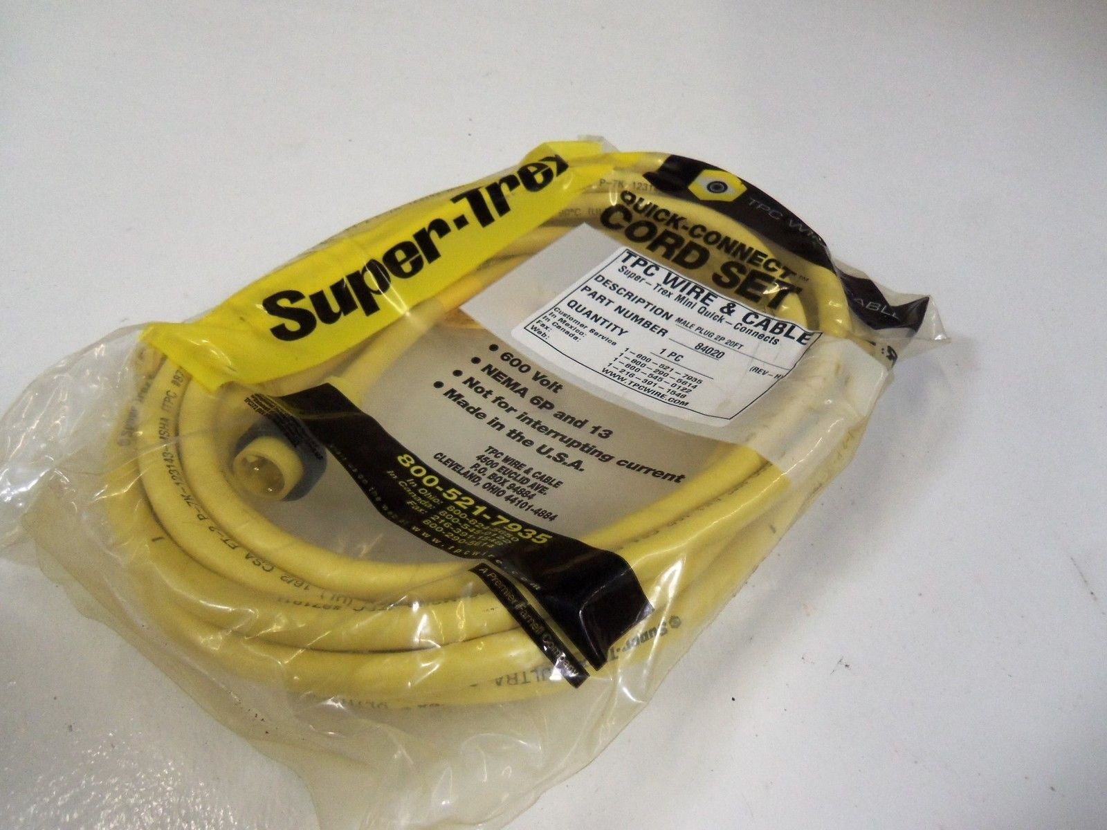 TPC WIRE & CABLE MALE PLUG 2P 20FT 84020 *NEW IN FACTORY BAG*