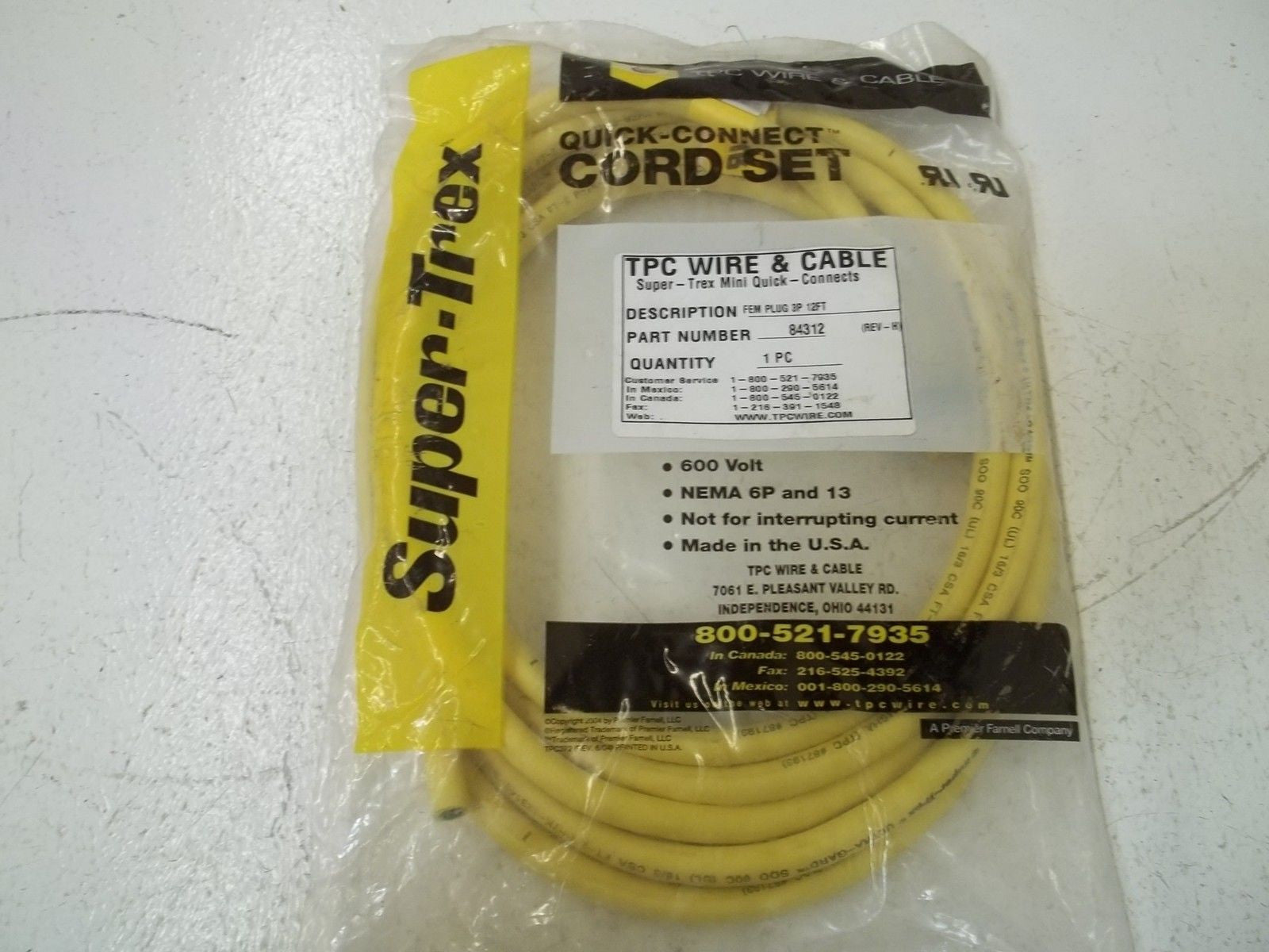 TPC SUPER-TREX 84312 QUICK-CONNECT CORDSET *NEW IN FACTORY BAG*