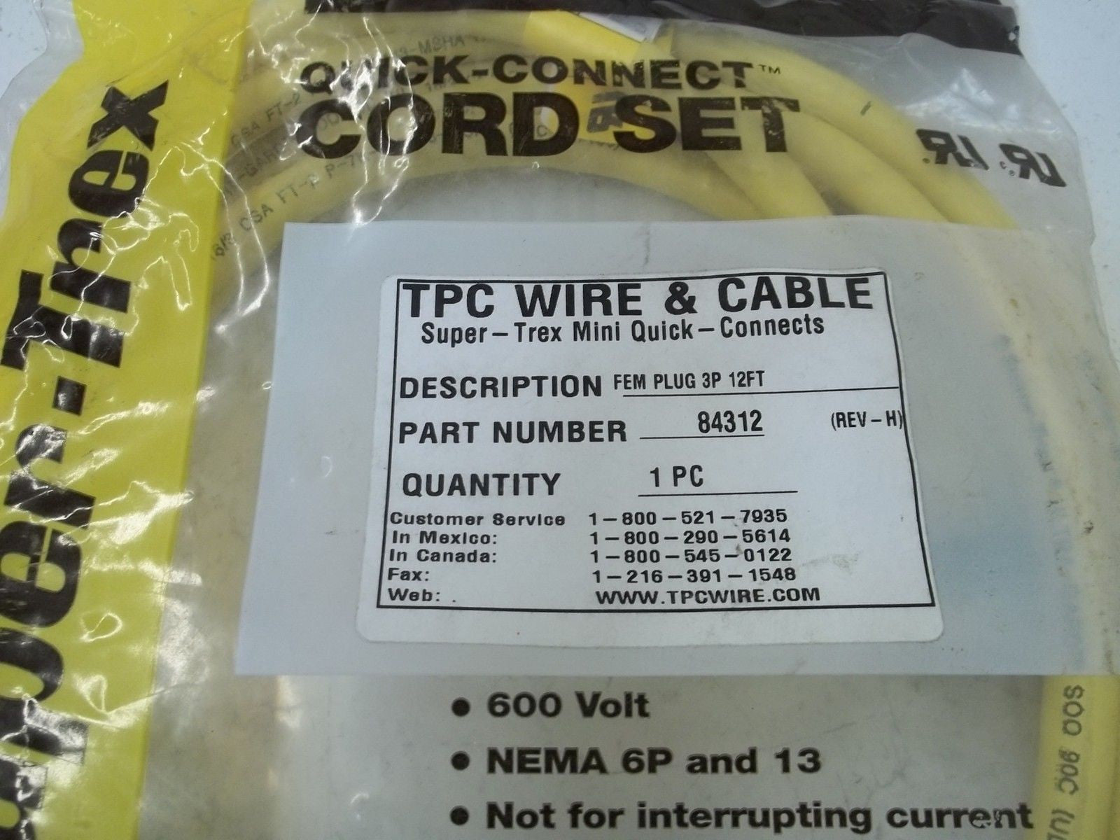 TPC SUPER-TREX 84312 QUICK-CONNECT CORDSET *NEW IN FACTORY BAG*