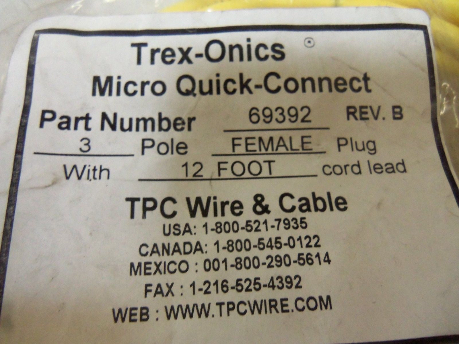 TREX-ONICS 69392 FEMALE PLUG *NEW IN A FACTORY BAG*