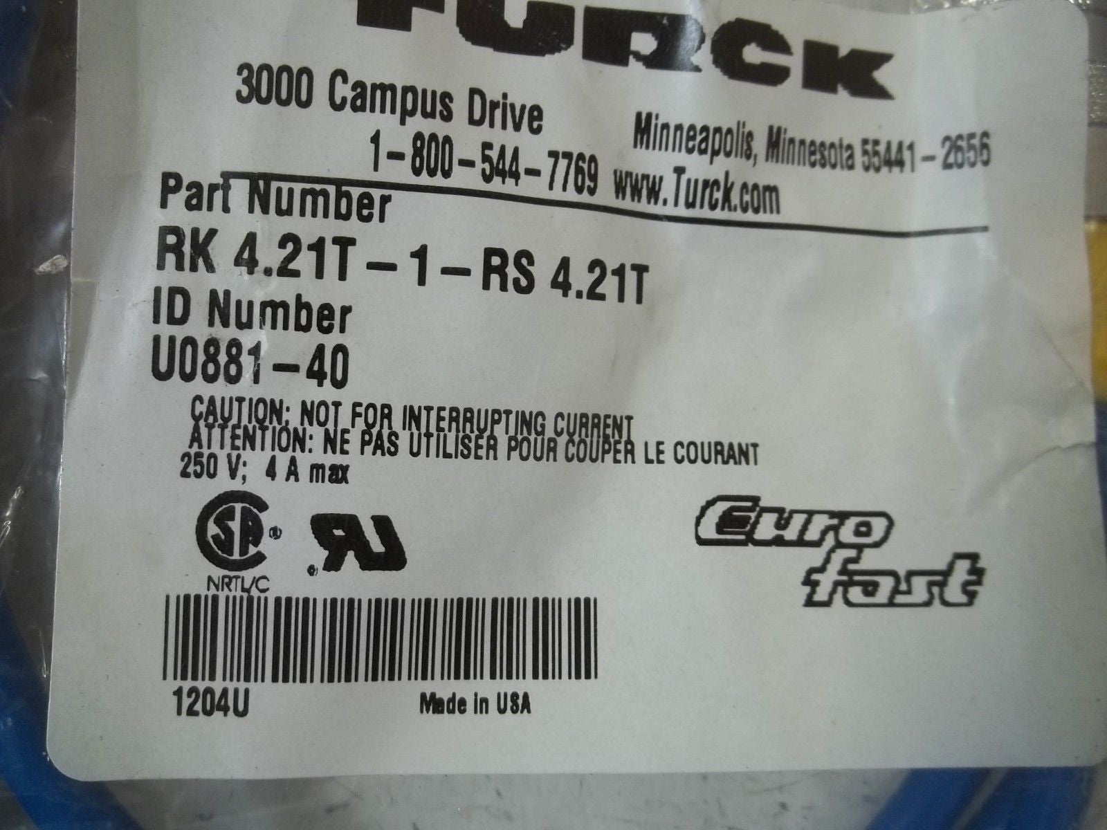 TURCK RK4.21T-1-RS4.21T PLUG CORDSET CABLE *NEW NO BOX*