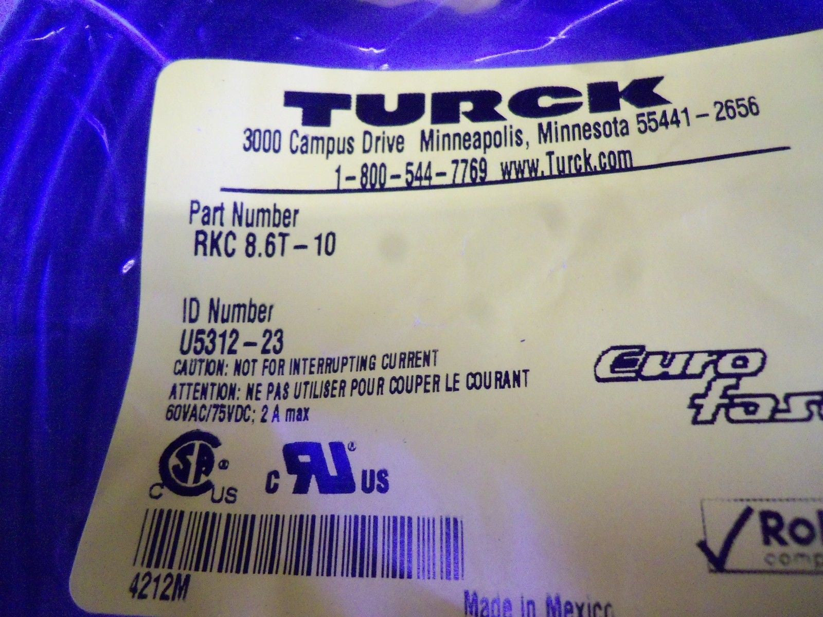 TURCK RKC 8.6T-10 EUROFAST MOLDED CORDSET *NEW IN FACTORY BAG*