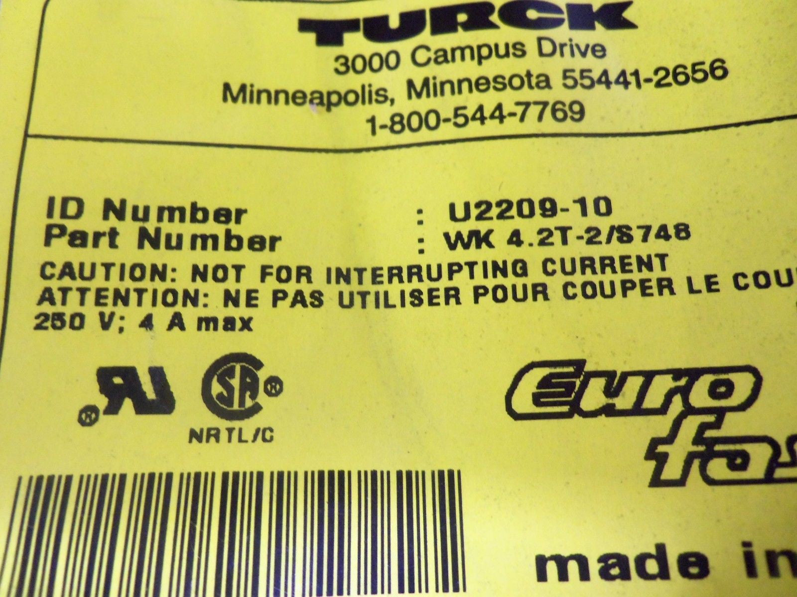 TURCK WK4.2T-2/S748 *NEW IN FACTORY BAG*