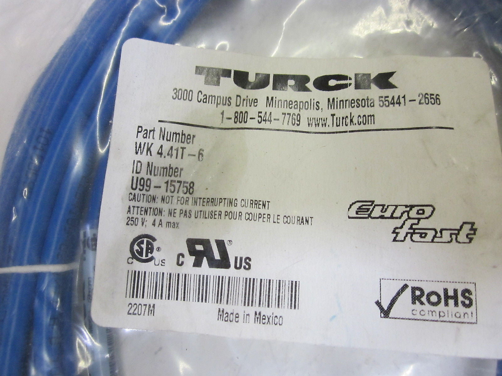 TURCK WK 4.41T-6 FEMALE CONNECTOR CABLE *NEW IN A FACTORY BAG*
