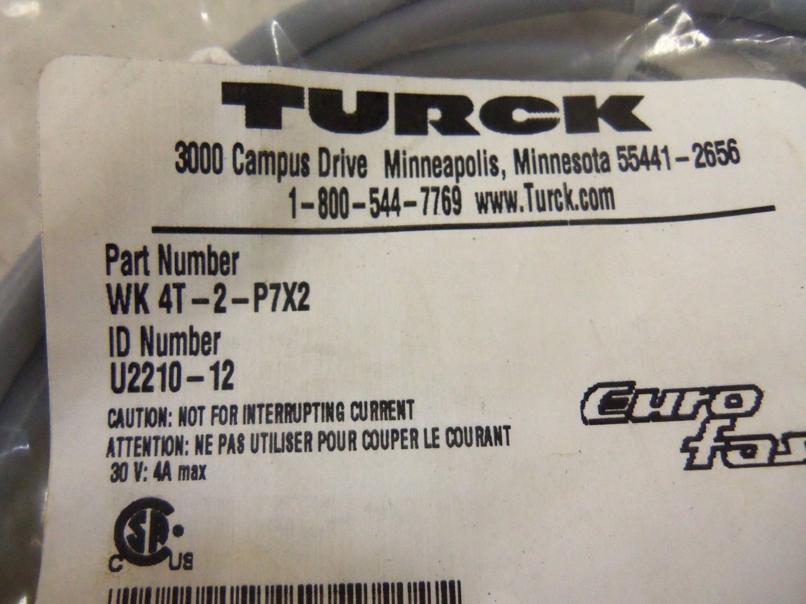 TURCK WK4T-2-P7X2 EUROFAST MOLDED CORDSET * NEW IN FACTORY BAG *