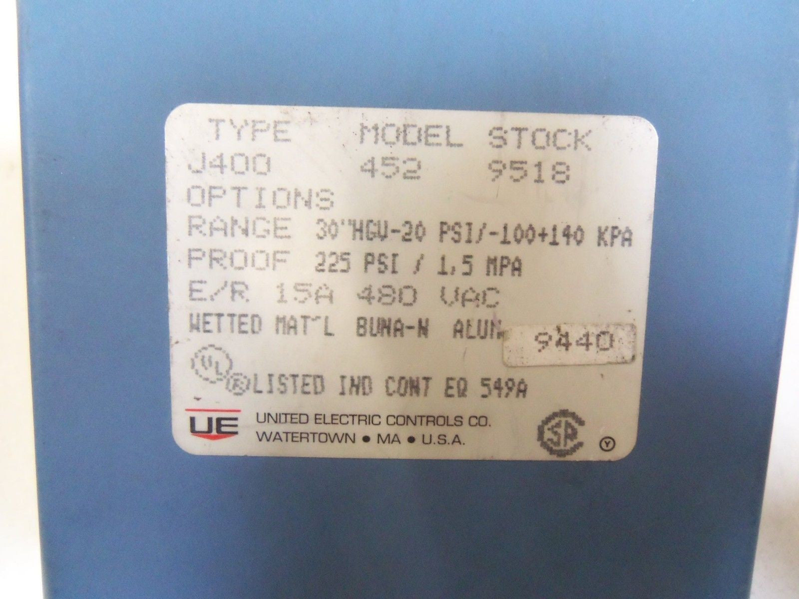 UE CONTROLS CO. PRESSURE SWITCH J400-452-9518 *NEW NO BOX*