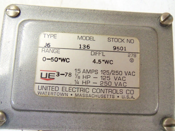 UNITED ELECTRIC J6-136-9501 PRESSURE SWITCH *USED*