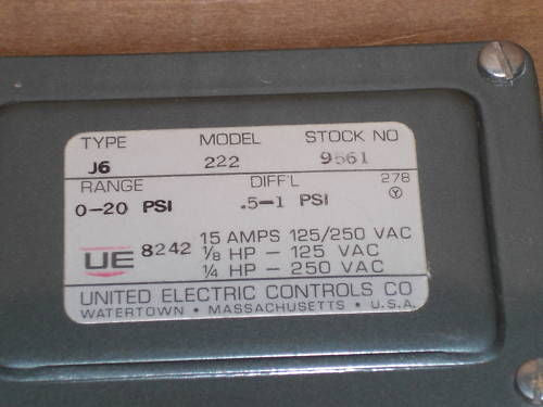 UNITED ELECTRIC J6-222 PRESSURE SWITCH *USED*