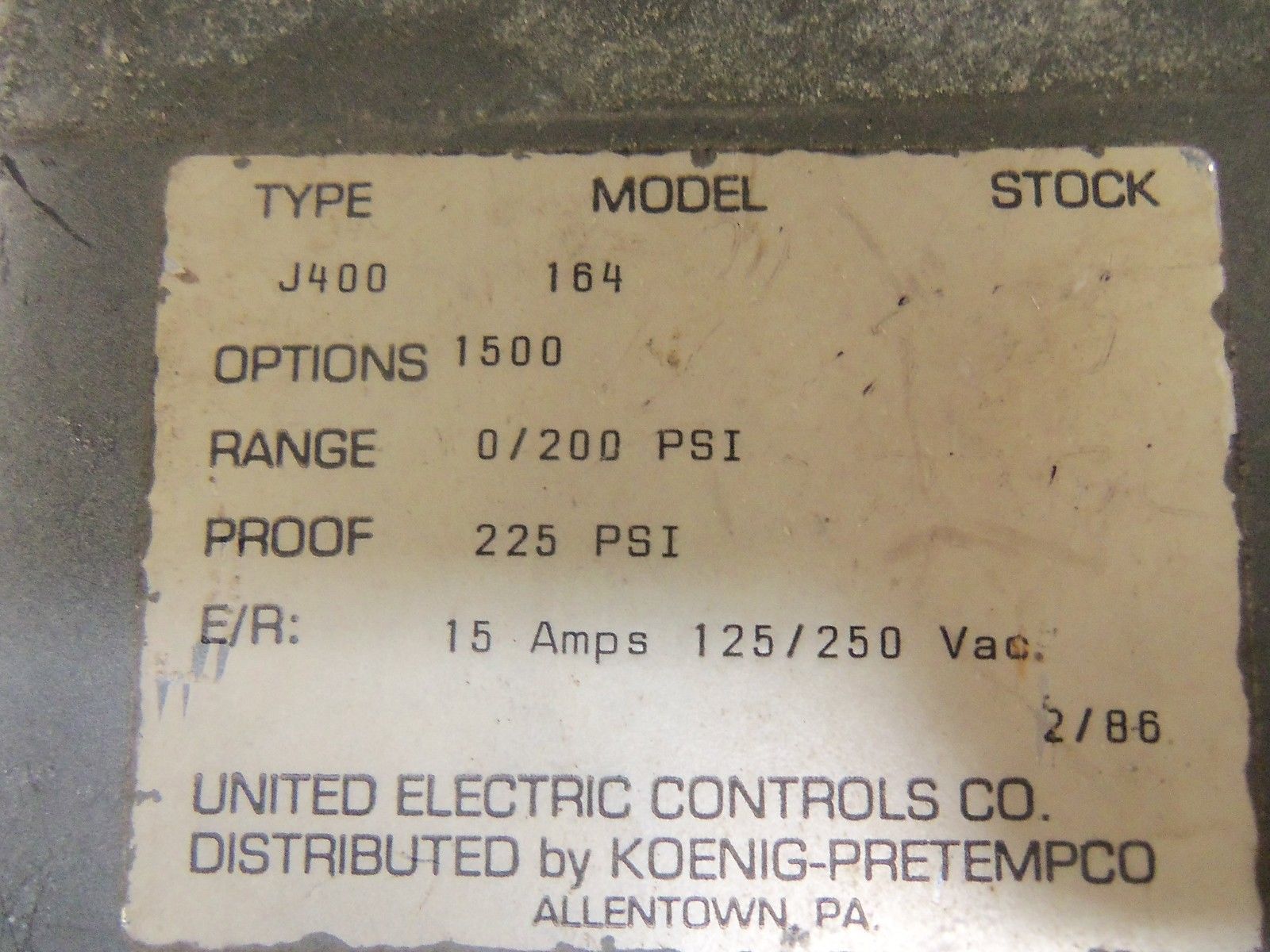 UNITED ELECTRIC J400-164 *USED*