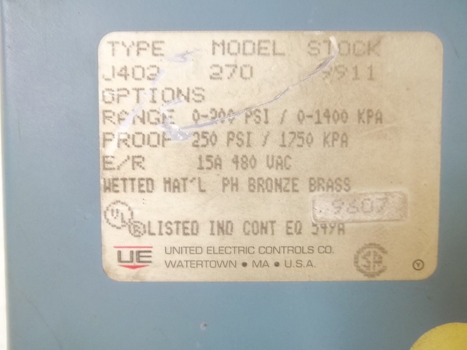 UNITED ELECTRIC J402-270 PRESSURE CONTROL *USED*
