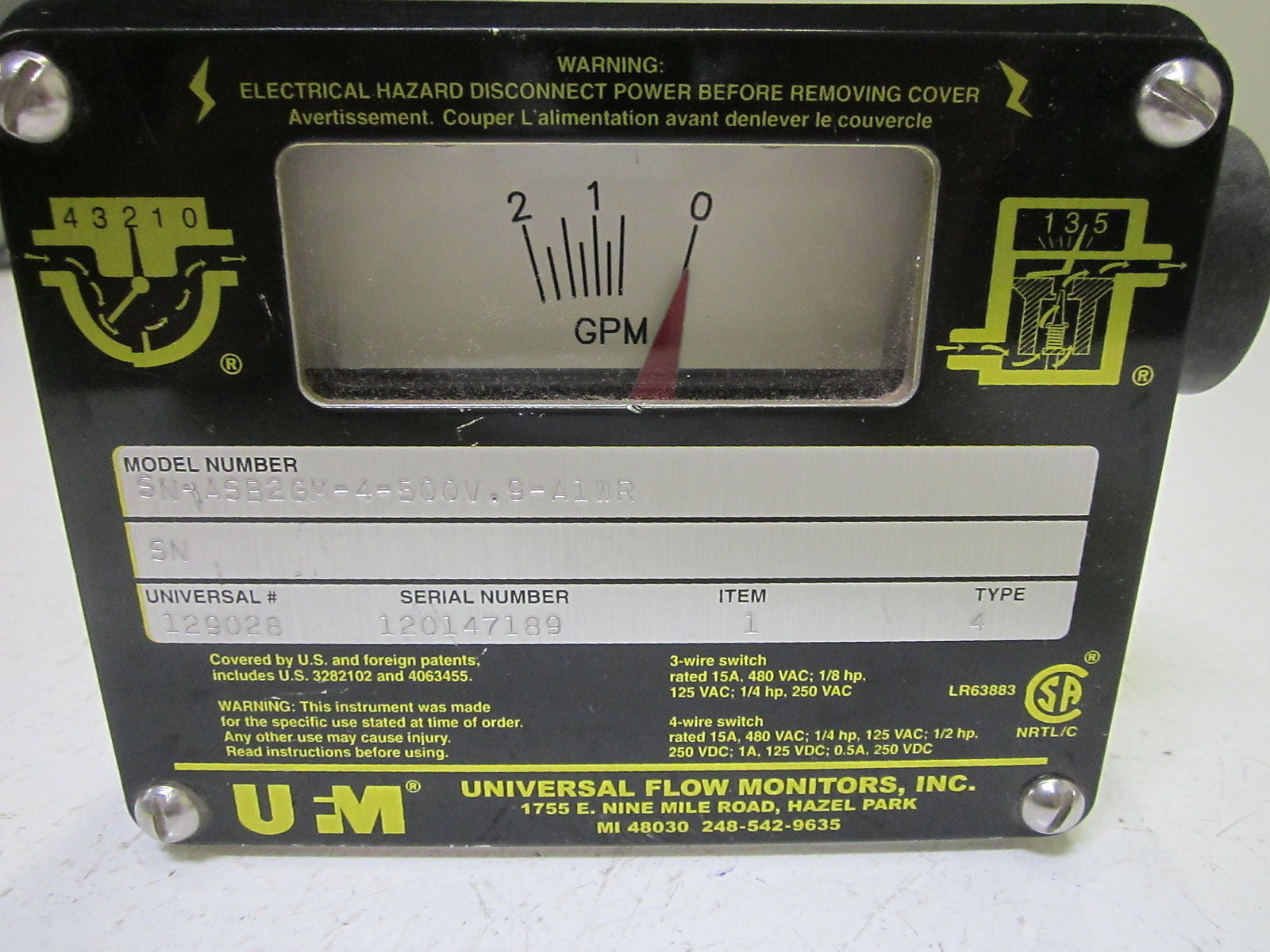UNIVERSAL FLOW MONITORS SN-ASB2GM-4-500V.9-A1WR FLOW METER *USED*