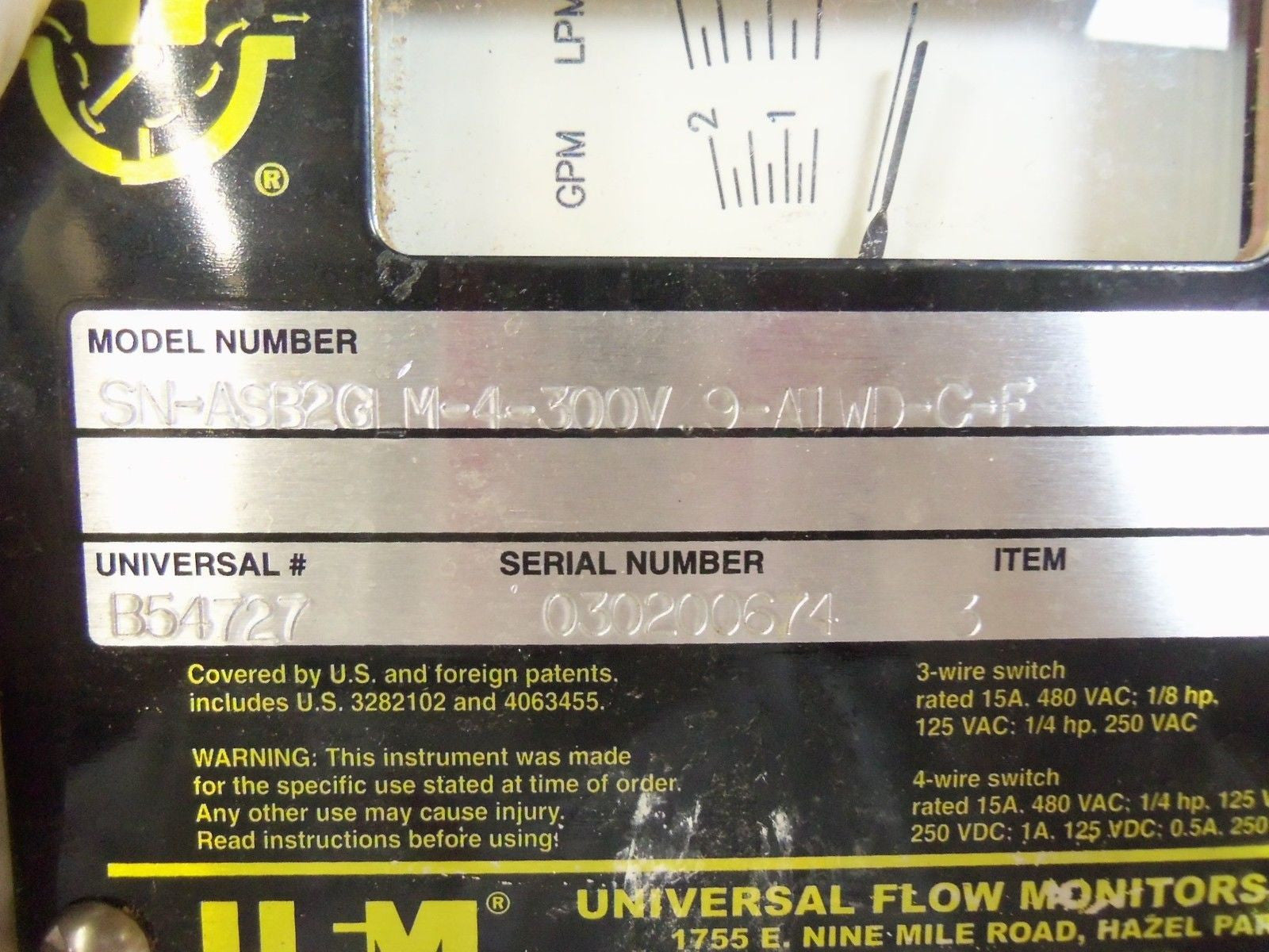 UNIVERSAL FLOW MONITORS, INC. SN-ASB2GLM-4-300V.9-A *USED*