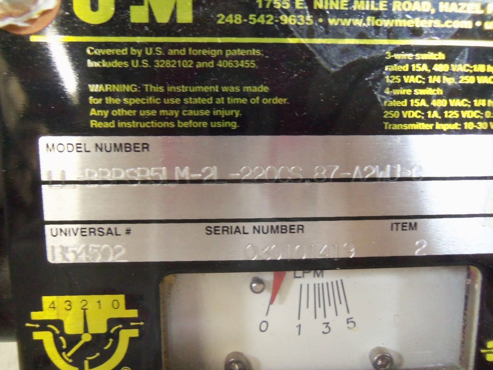 UNIVERSAL FLOW MONITORS, INC. LL-BBPSB5LM-2L-220CS.87-A2WU-C *USED*