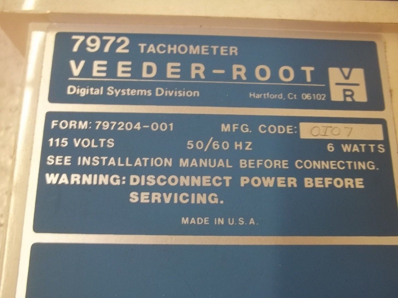VEEDER-ROOT 797204-001 TACHOMETER *USED*