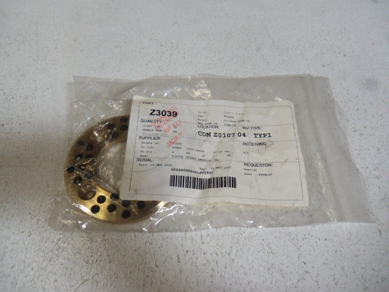 WASHER OIL LESS REPAIR PARTS SOBW-50 *NEW NO BOX*