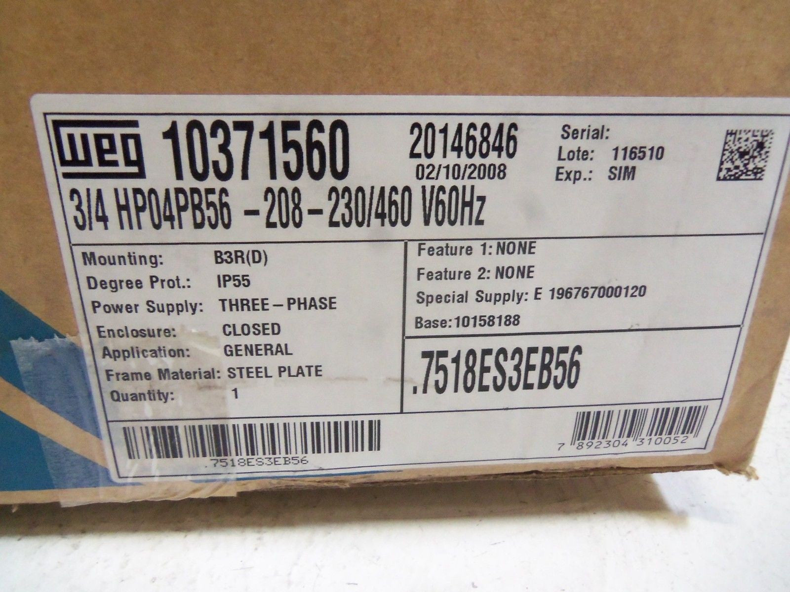 WEG 7518ES3EB56 GENERAL PURPOSE MOTOR *NEW IN BOX*