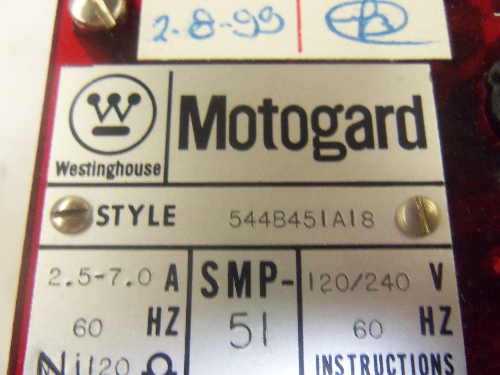 WESTINGHOUSE MOTOGARD 544B45IAI8 MOTOR PROTECTION RELAY (NO CASE) *USED*