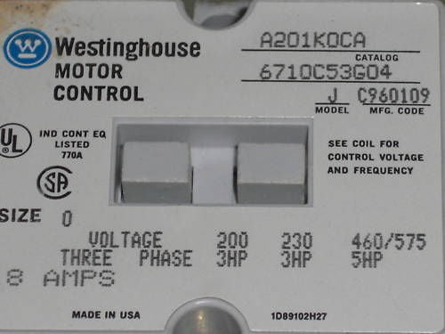 WESTINGHOUSE A201K0GA CONTACTOR *USED*