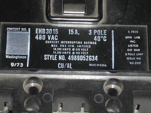 WESTINGHOUSE  EHB3015 CIRCUIT BREAKER *USED*