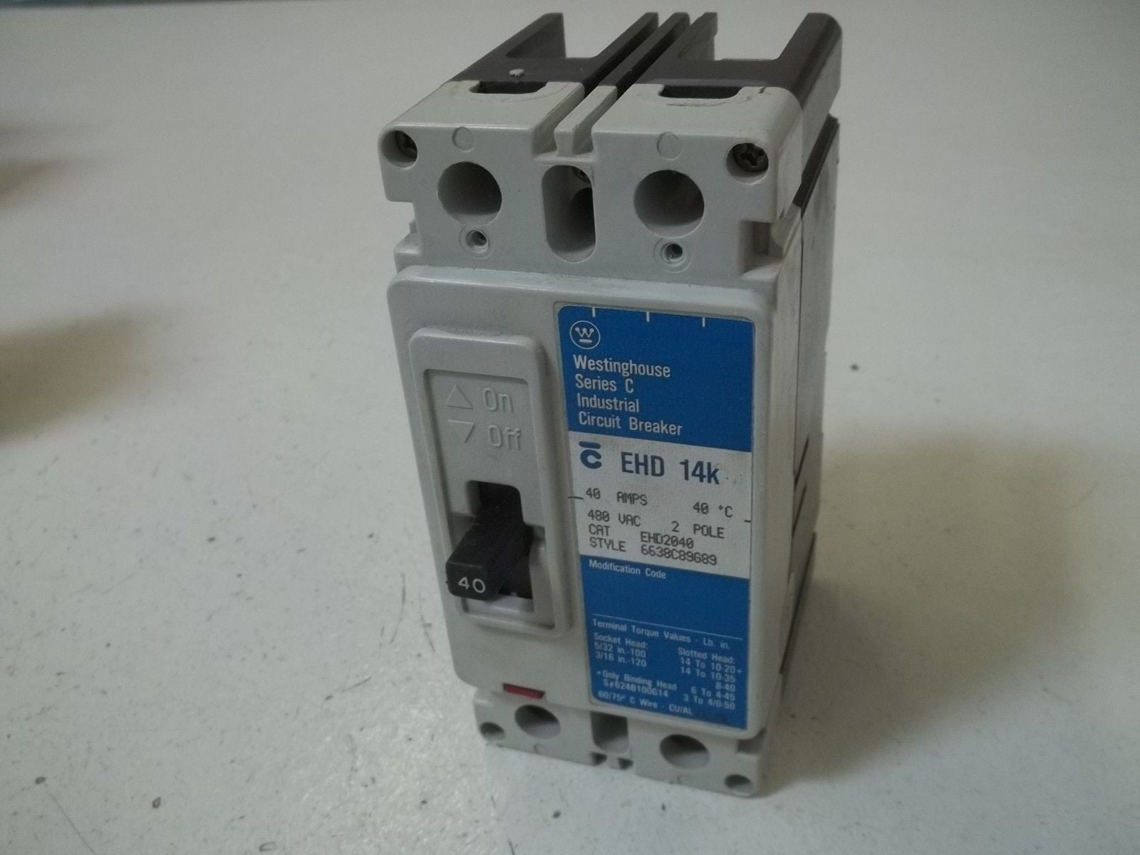 WESTINGHOUSE EHD2040 INDUSTRIAL CIRCUIT BREAKER 480VAC 2-POLE 40AMPS *USED*