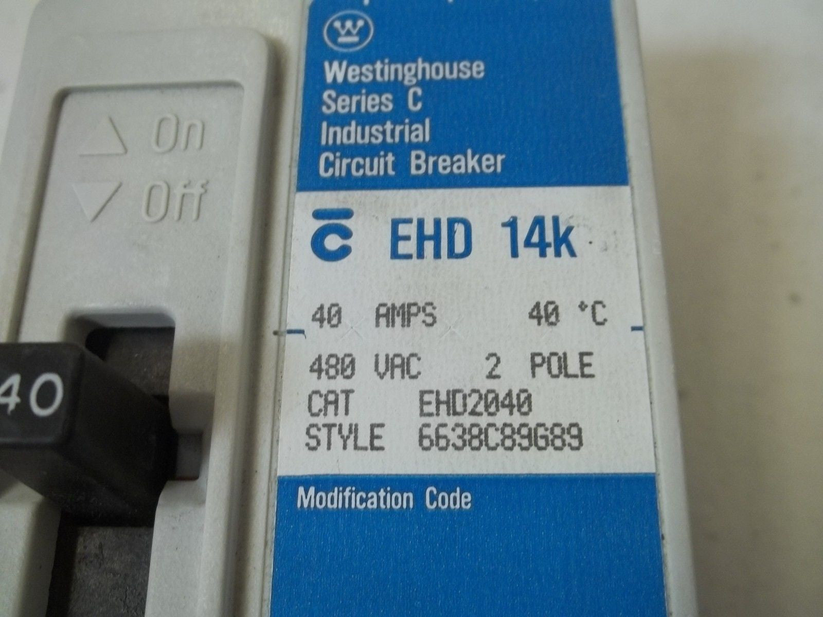 WESTINGHOUSE EHD2040 INDUSTRIAL CIRCUIT BREAKER 480VAC 2-POLE 40AMPS *USED*