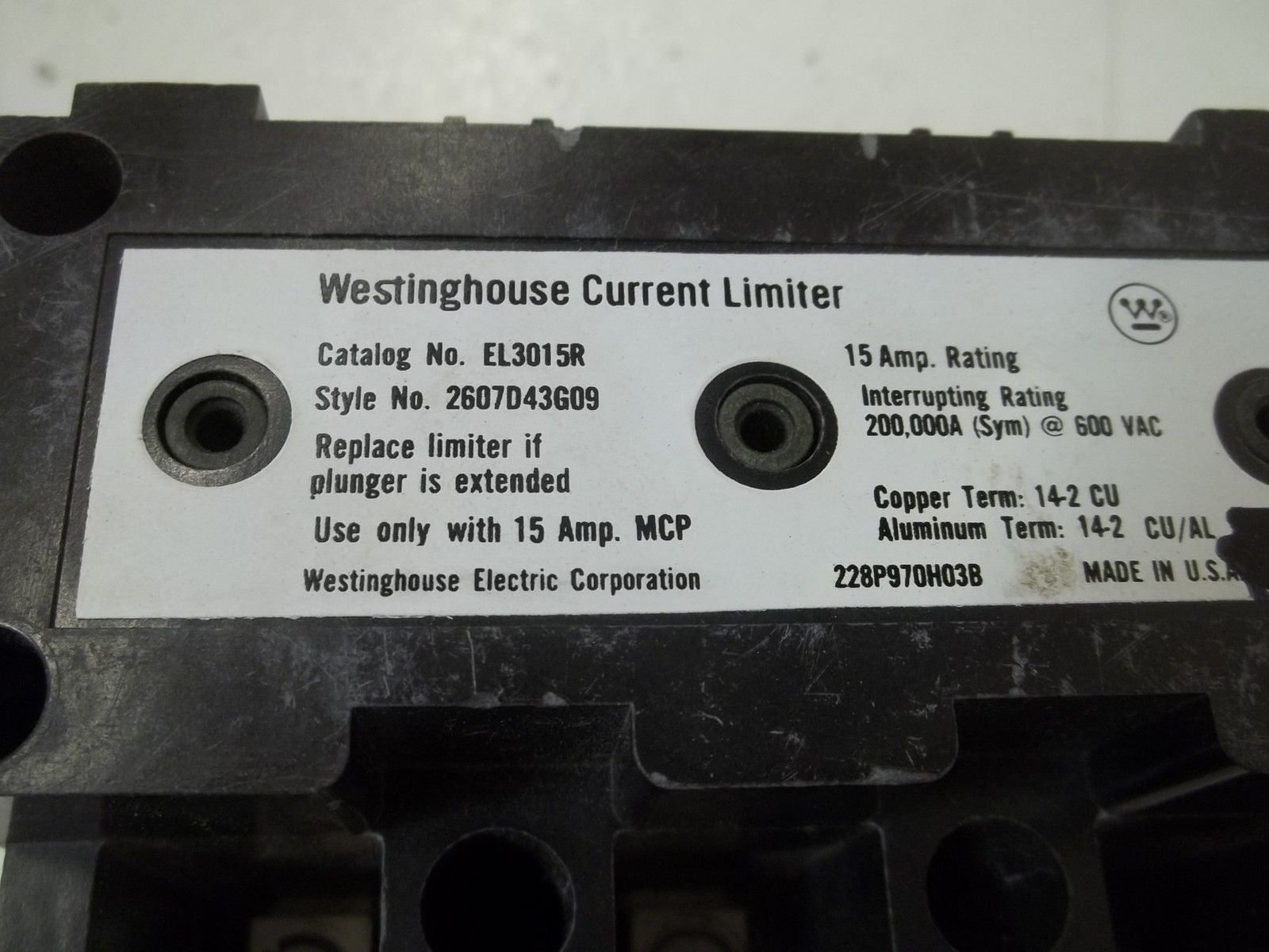 WESTINGHOUSE EL3015R CURRENT LIMITER 15AMP *USED*