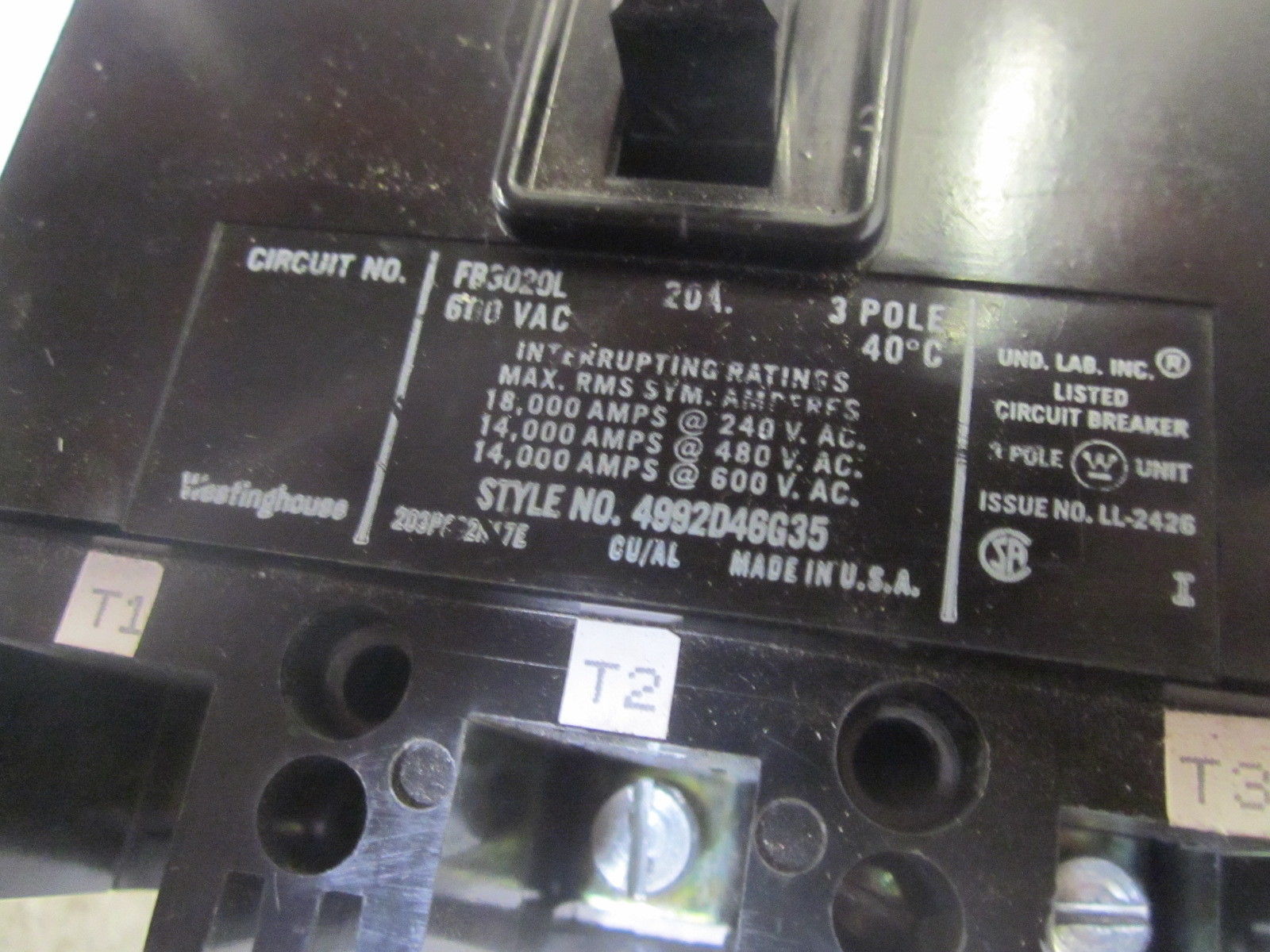 WESTINGHOUSE FB3020L 20A CIRCUIT BREAKER  *USED*