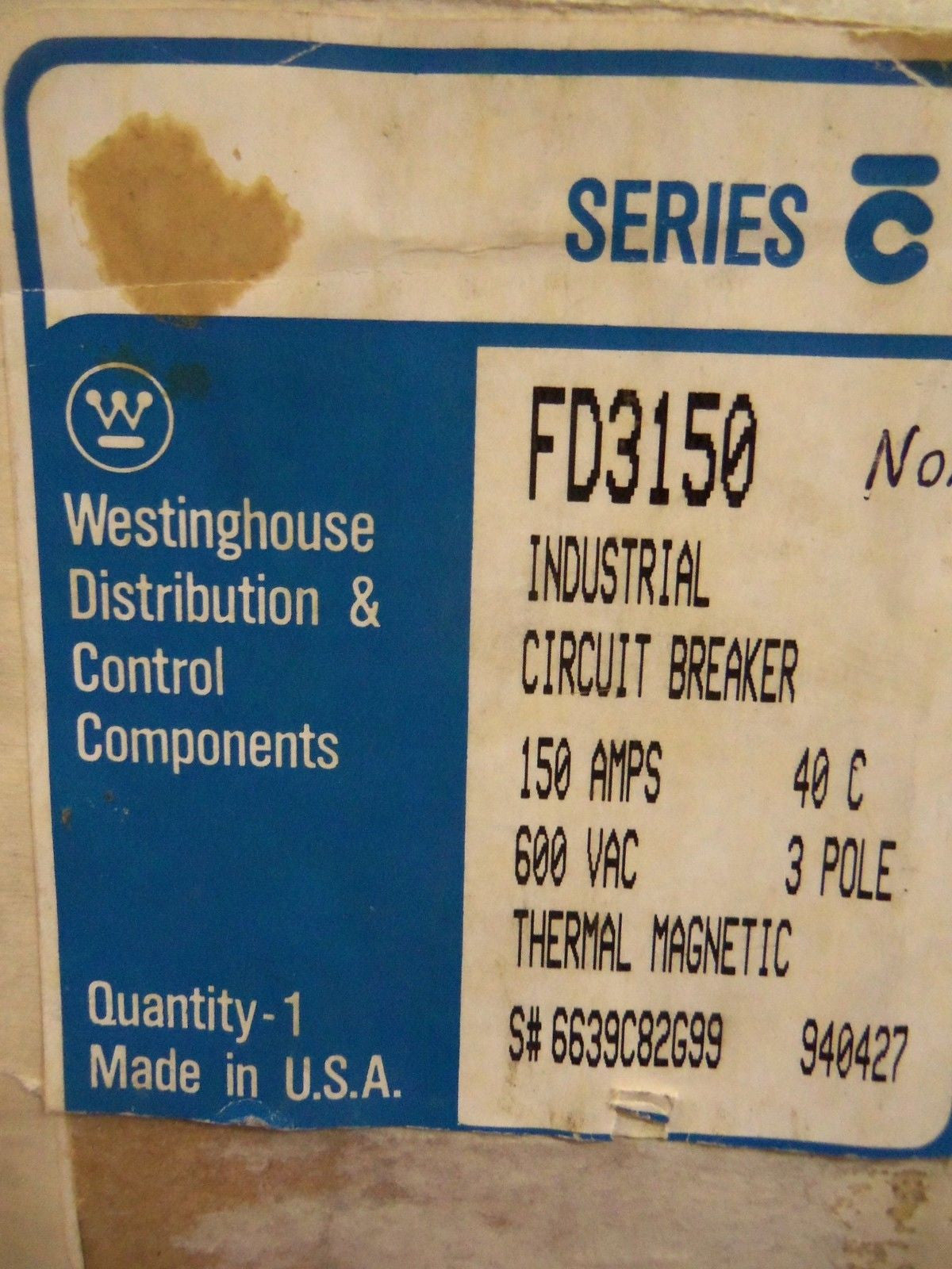 WESTINGHOUSE FD3150 CIRCUIT BREAKER 150A *NEW IN BOX*
