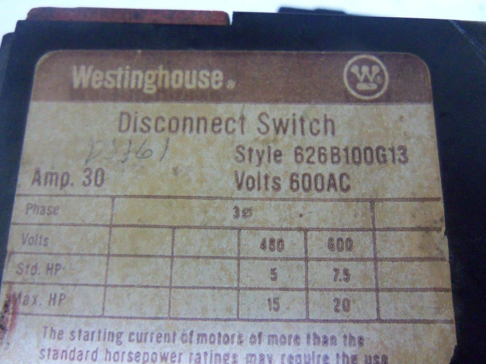 WESTINGHOUSE 626B100G13 DISCONNECT SWITCH *USED*