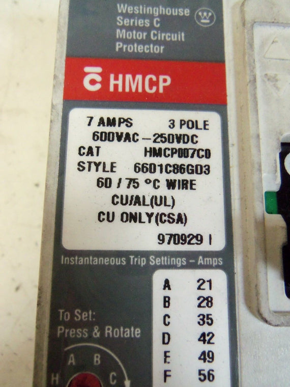 WESTINGHOUSE HMCP007C0C CIRCUIT BREAKER 7A *NEW IN BOX*