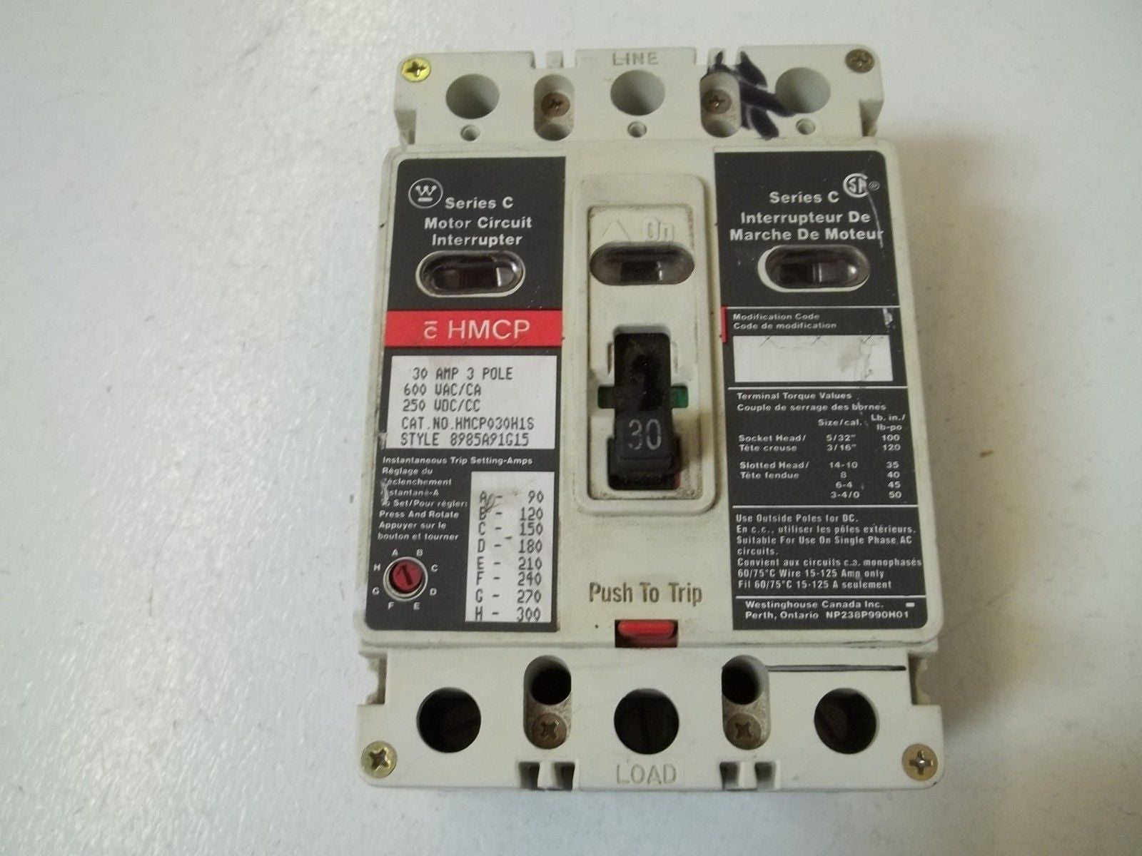 WESTINGHOUSE HMCP030H1S 30AMP 3 POLE 600V CIRCUIT BREAKER *USED*