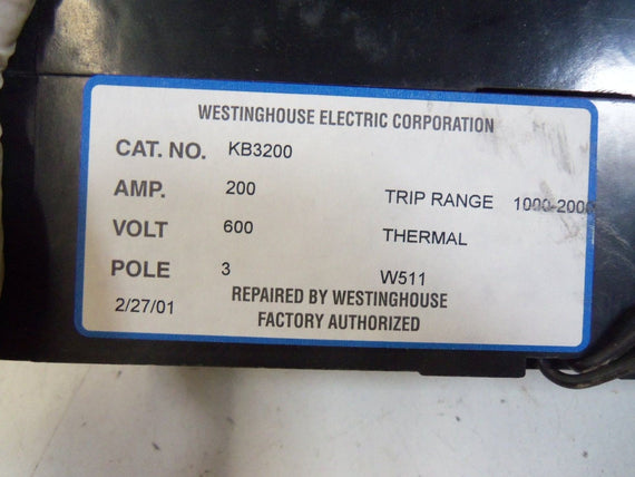 WESTINGHOUSE KB3200 CIRCUIT BREAKER 200A w/ AUX & UV-RELEASE (REPAIRED) *USED*