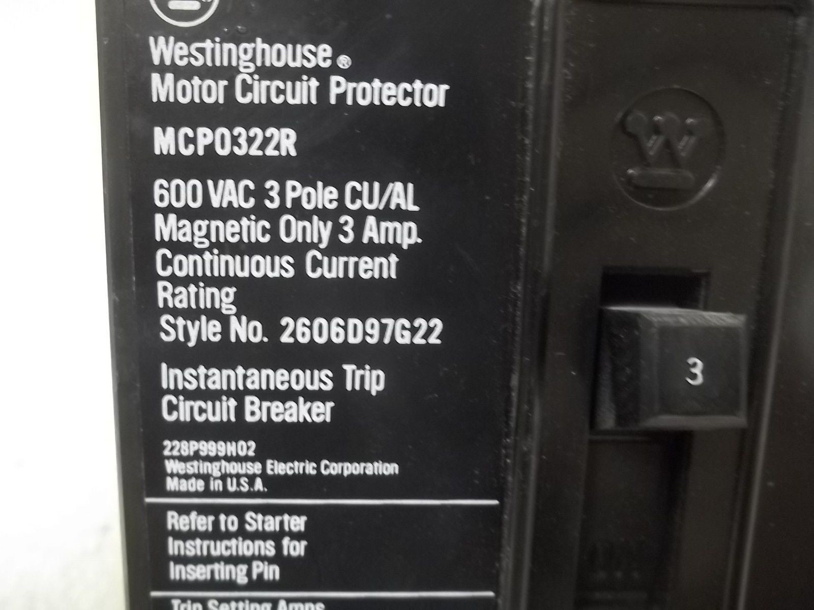 WESTINGHOUSE MCP0322R CIRCUIT BREAKER 3A *USED*