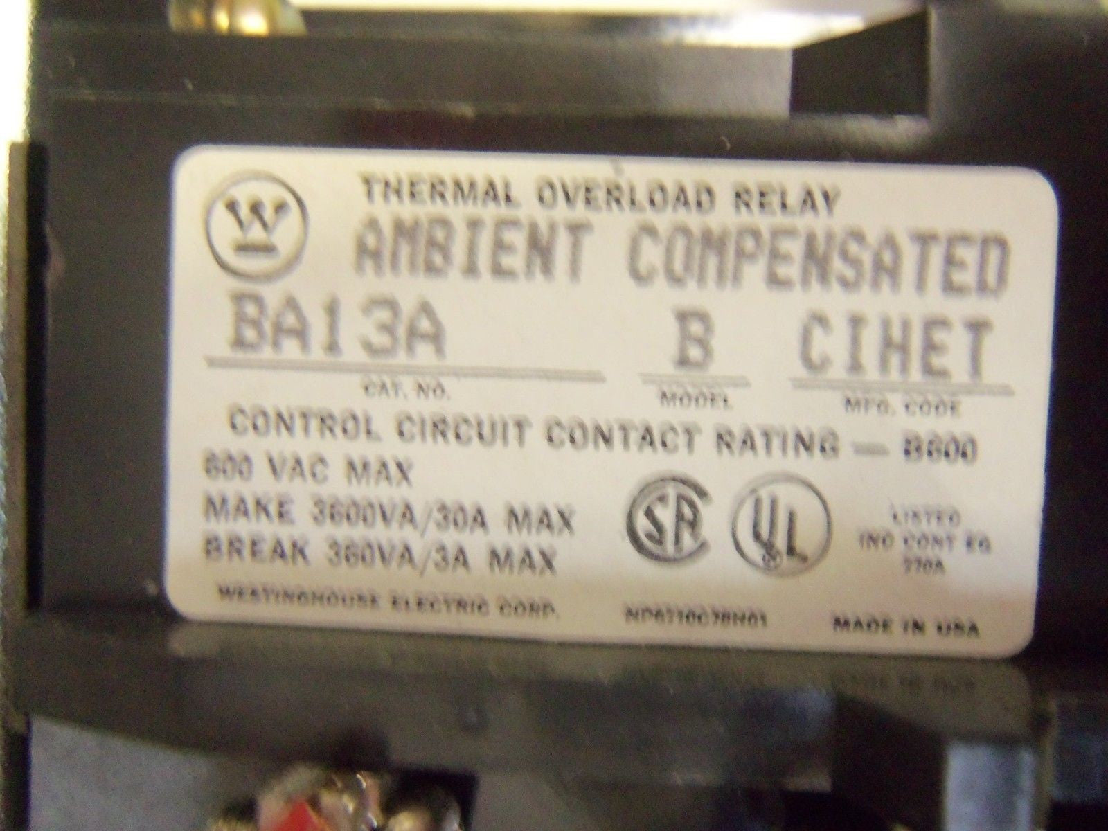 WESTINGHOUSE MOTOR CONTROL A900M1AB SIZE 1 SPEED 2 *USED*