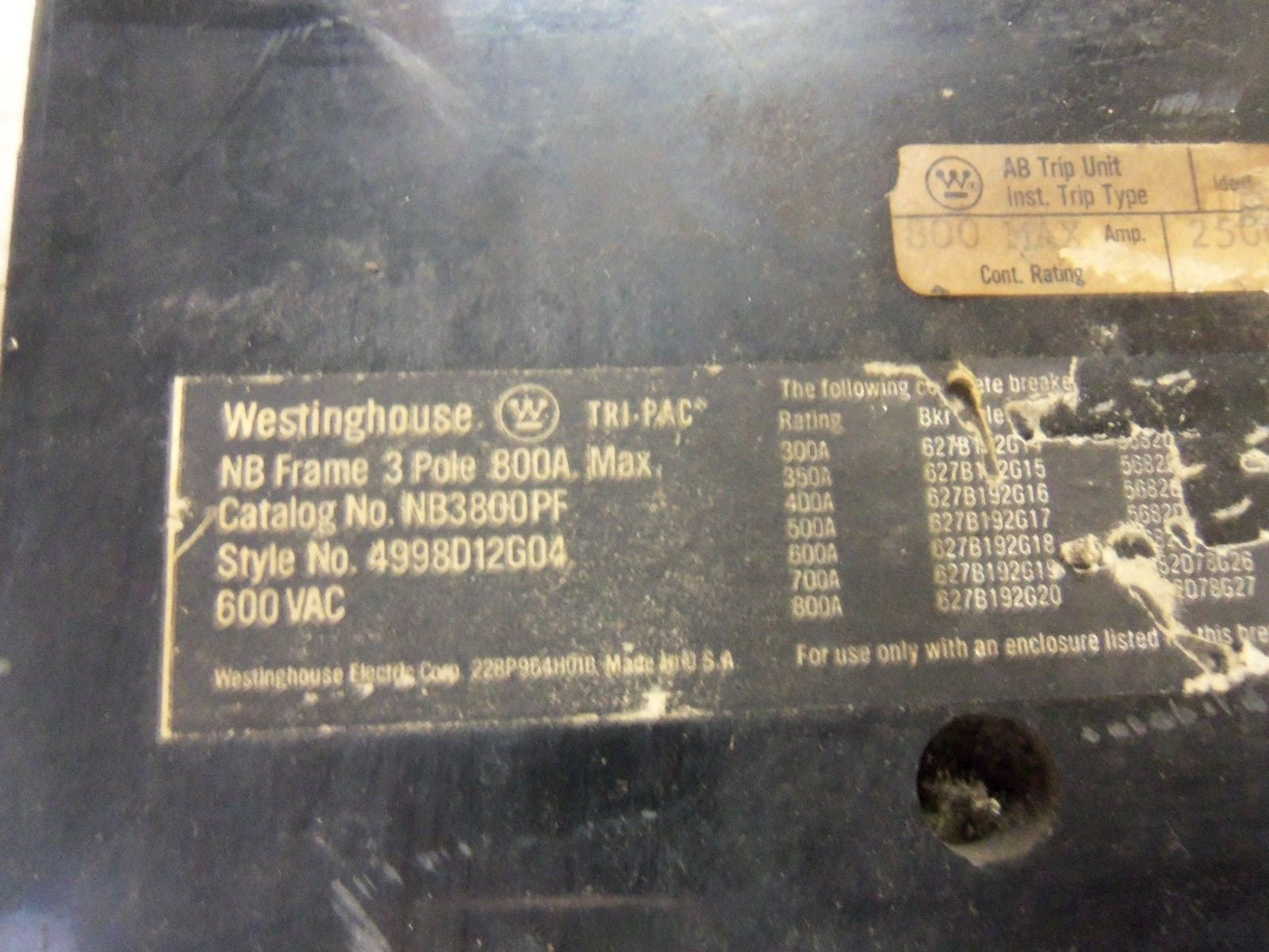 WESTINGHOUSE NB3800P CIRCUIT BREAKER 800A *USED*