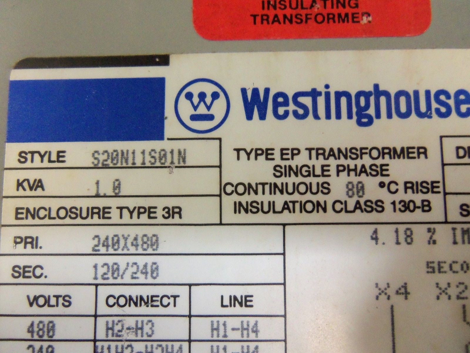 WESTINGHOUSE TYPE EP S20N11S0N SINGLE PHASE TRANSFORMER *NEW IN BOX*