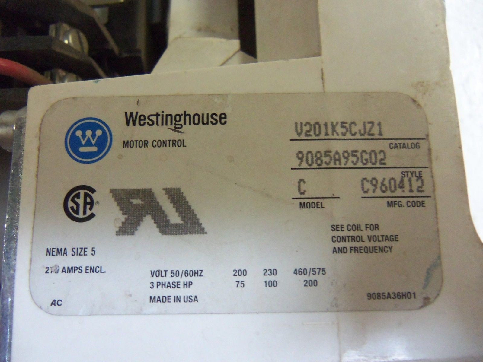 WESTINGHOUSE V201K5CJZ1 CONTACTOR *USED*