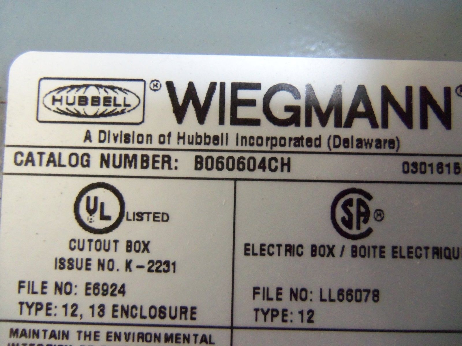 WIEGMANN B060604CH *USED*