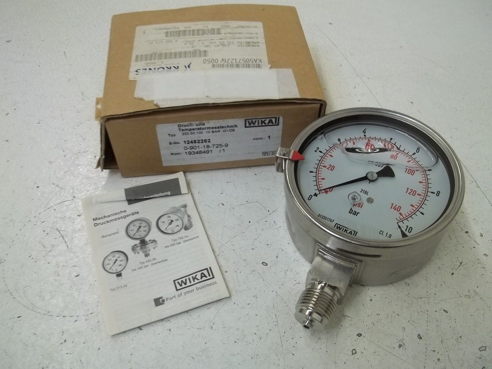 WIKA 233.50.100 PRESSURE GAUGE 10 bar 0-140 PSI *NEW IN BOX*