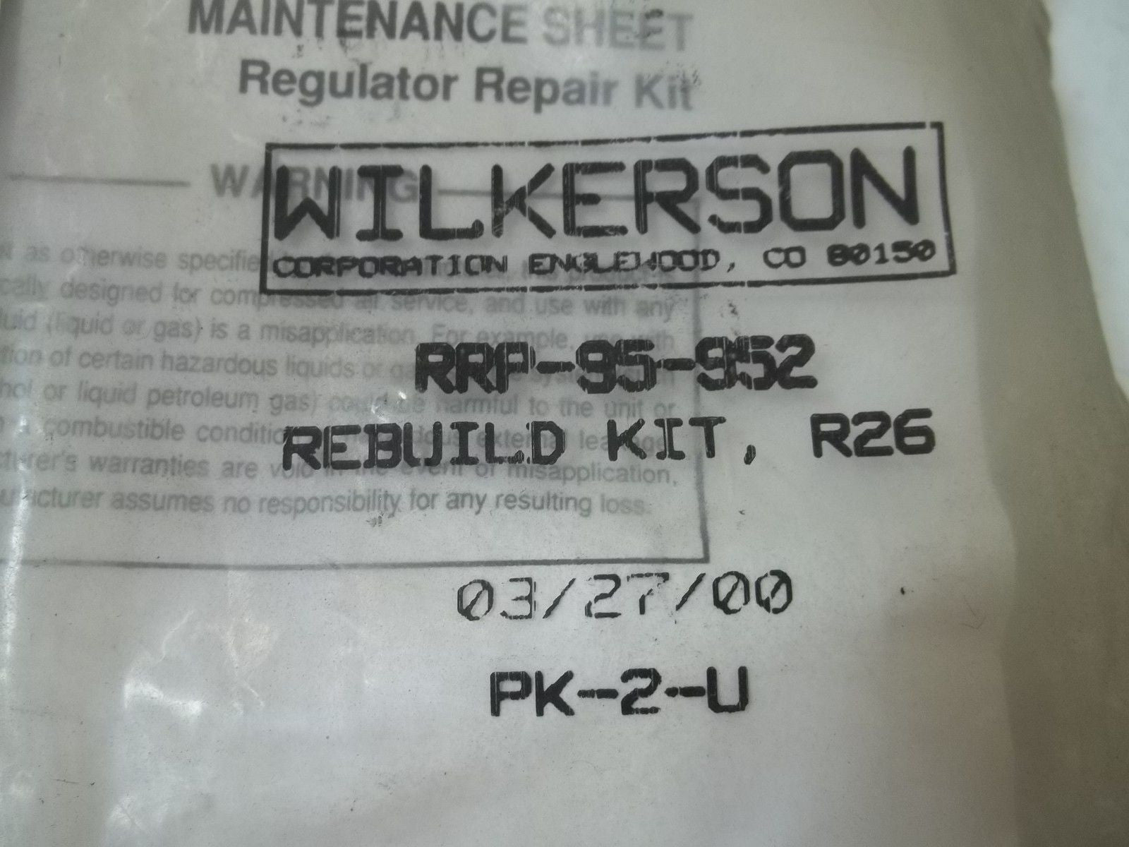 WILKERSON RRP-95-952 REBUILD KIT, R26 *NEW IN A FACTORY BAG*