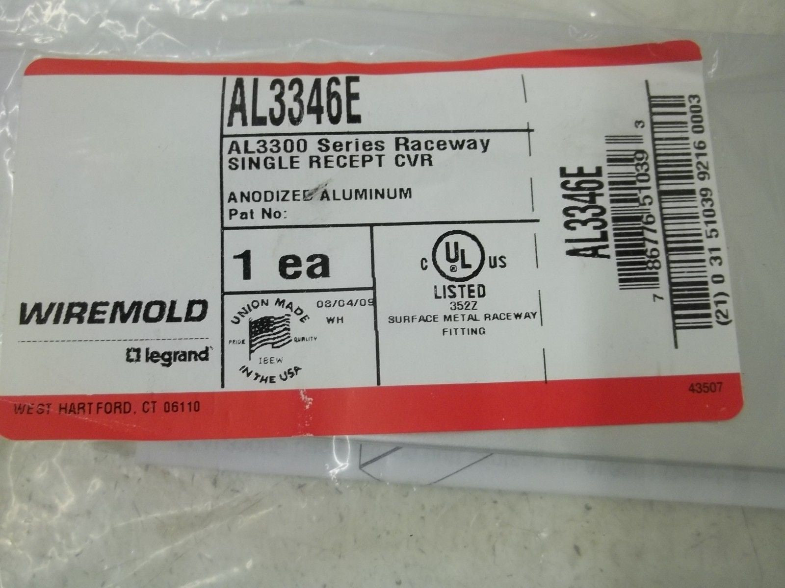 WIREMOLD AL3346E SINGLE RECEPTACLE  CVR *NEW IN A BAG*