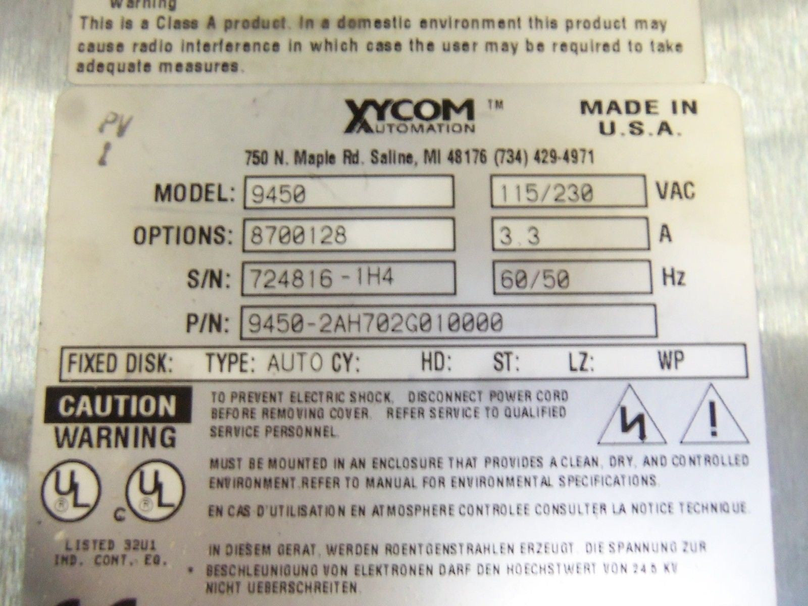 XYCOM 9450-2AH702G010000 DISPLAY *USED*
